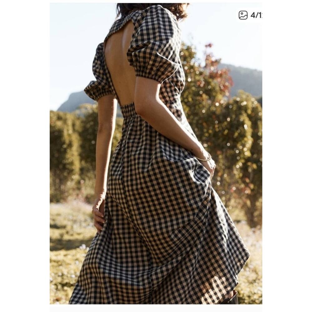 EUC DISSH Elm Chocolate Gingham Midi Dress Puff Sleeve Open Back Cotton Size 4